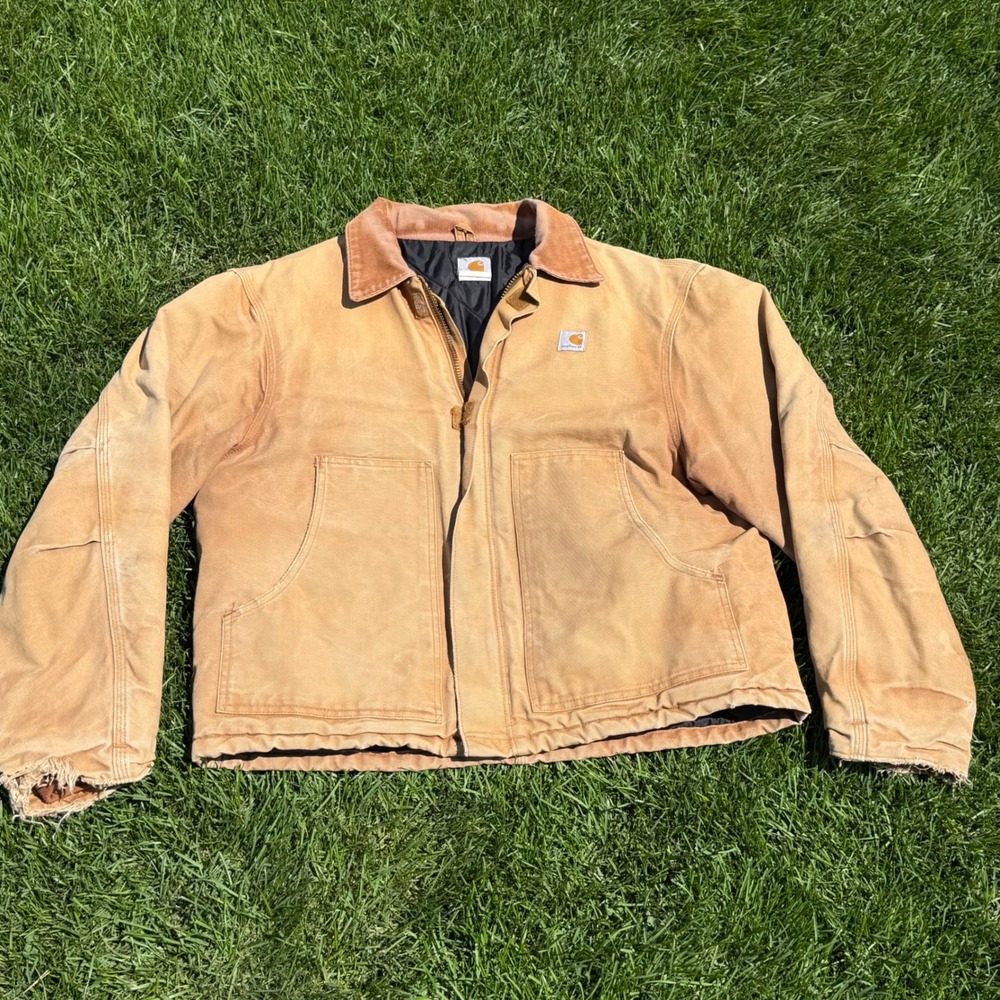 Carhartt Detroit Jacket Vintage Duck Brown Canvas Work Coat Quilt Lined Distress